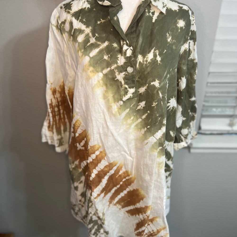 Xovi Linen Shirt Green Medium Tie Dye Tunic Length Pockets Convert Sleeves - Picture 2 of 13